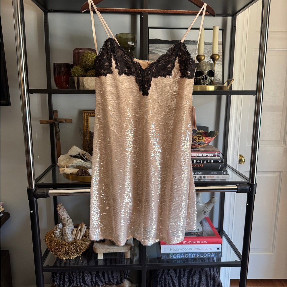 Sequin Lace Trim Slip Dress - Black and Cream